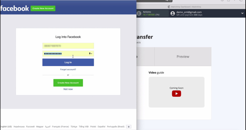 MailChimp and Facebook integration | Enter your username and password