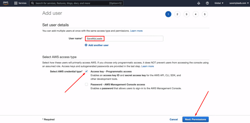 Facebook and Amazon DynamoDB integration | Specify the user name and&nbsp;check the required box