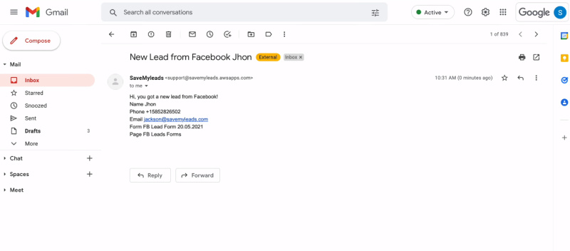 Facebook and Amazon WorkMail&nbsp;integration | Mail about new lead