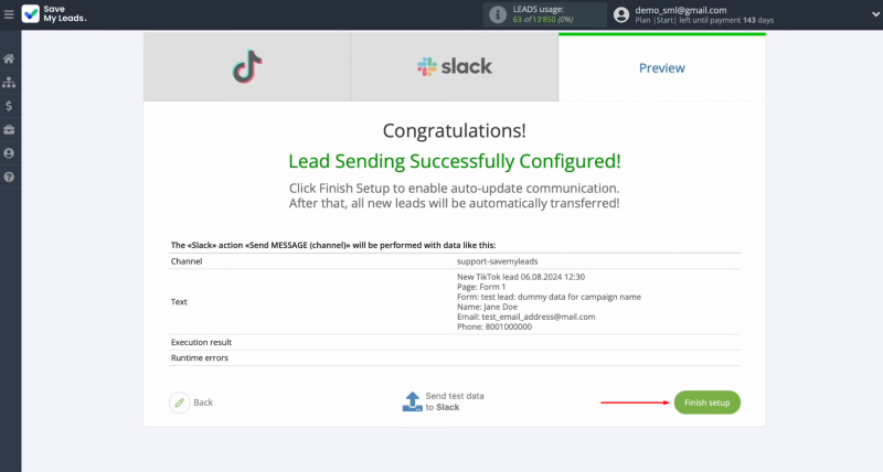 TikTok and Slack integration | Click “Finish setup”