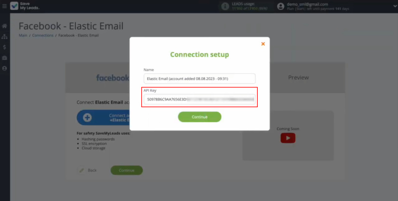 Elastic Email and Facebook integration | Paste the API key into the appropriate field