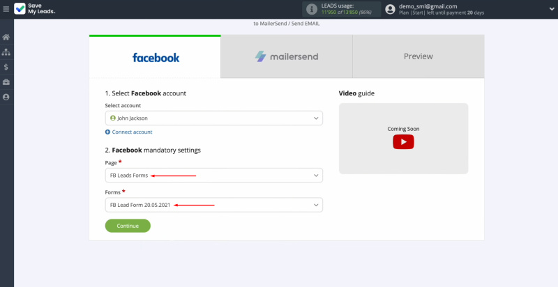 Facebook and MailerSend integration | Select the advertising page and form