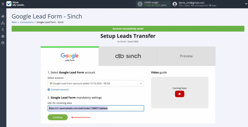 Google Lead Form and Sinch integration | Return to SaveMyLeads and continue setting up