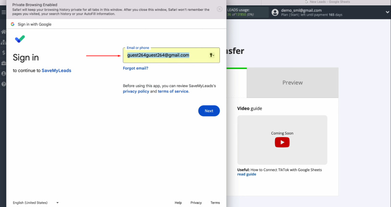 TikTok and Google Sheets integration | Specify the username for your Google account