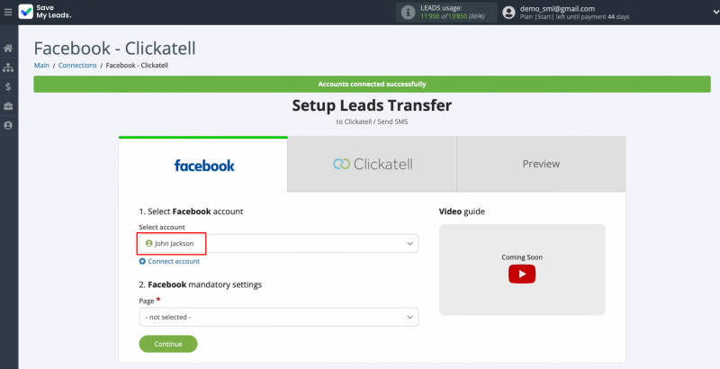 Facebook and Clickatell integration | Select the connected account