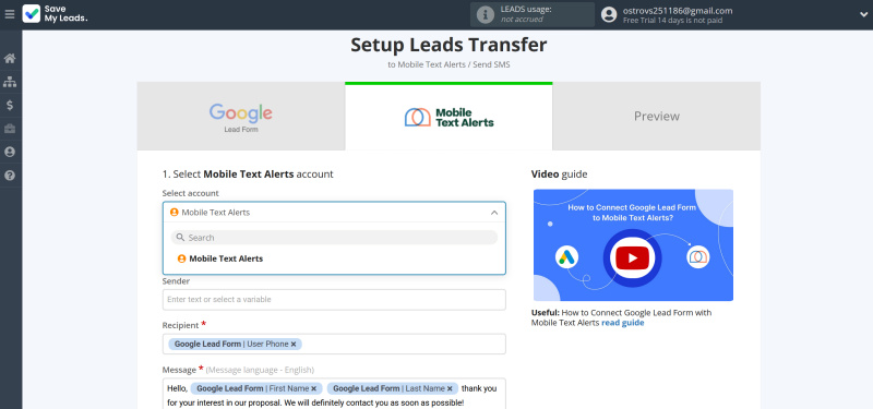 Google Lead Form and Mobile Text Alerts integration | Select the connected account