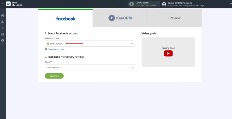 Facebook and KeyCRM integration | Select the connected account