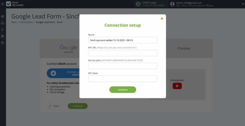 Google Lead Form and Sinch integration | Window for specifying the API URL, service plan, and API token