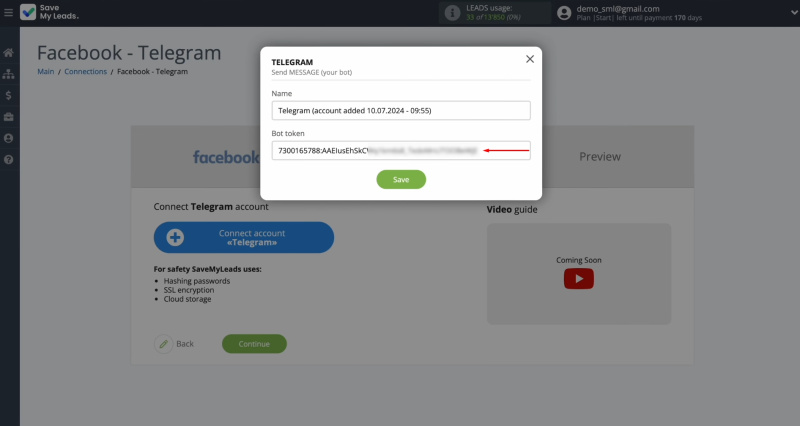 Facebook and Telegram integration | Paste the token into the appropriate field in SaveMyLeads