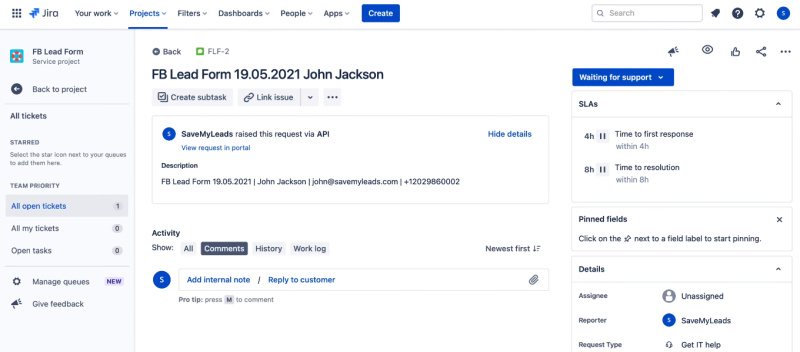 Facebook and Jira Service Desk integration | The test request