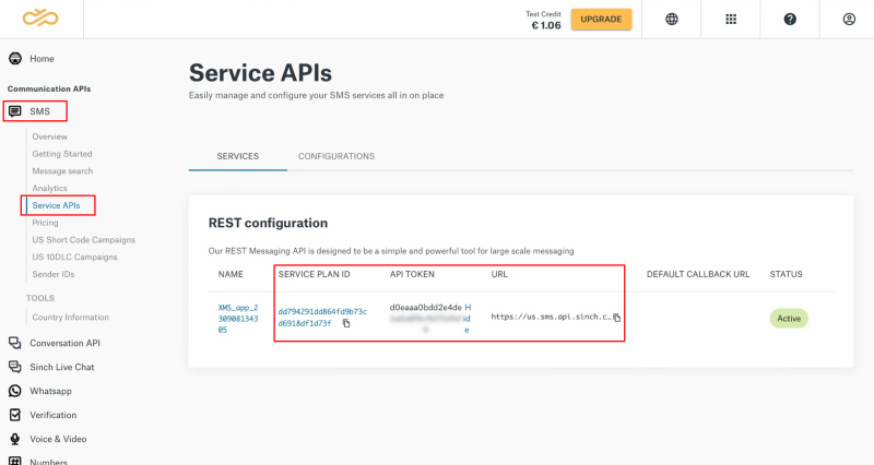 Google Lead Form and Sinch integration | Copy the URL, service plan, and API token in the API section of your Sinch account