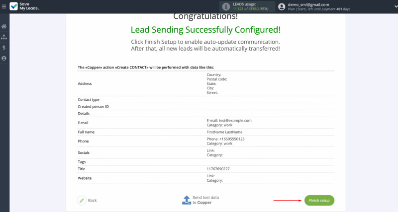 Google Lead Form and Copper integration | Click “Finish setup”