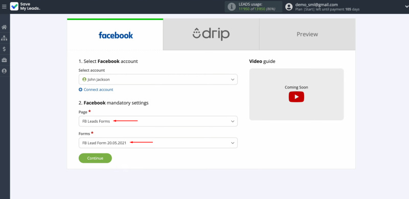 Facebook and Drip integration | Select the advertising page and the form