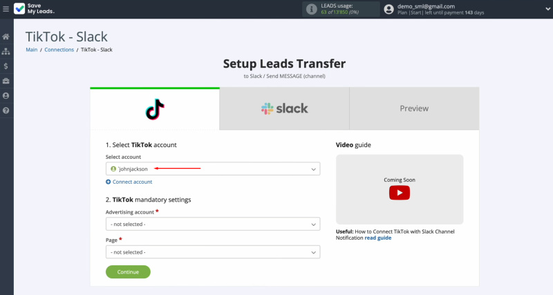 TikTok and Slack integration | Select the connected account