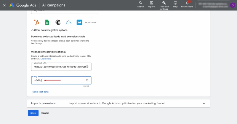 Paste the last segment of the URL into the "Key" field
