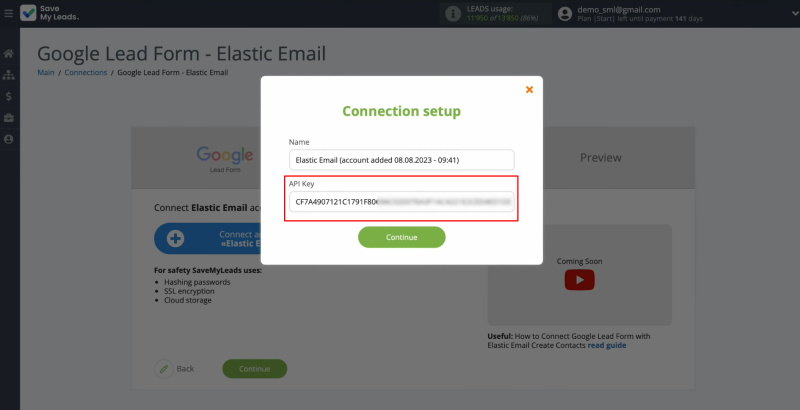 Google Lead Form and Elastic Email integration | Paste the API key into the appropriate field in SaveMyLeads