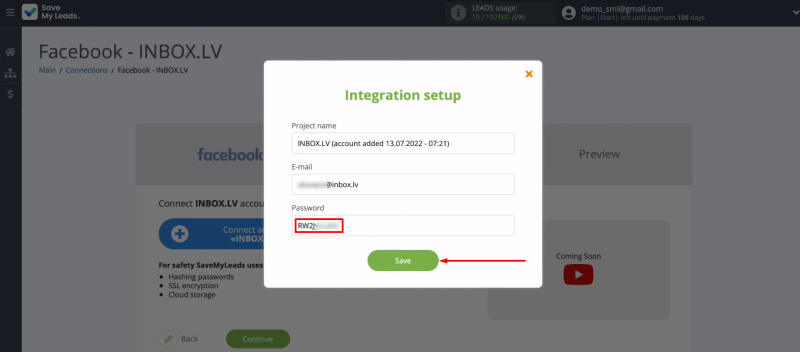 Facebook and INBOX.LV integration | Paste the password